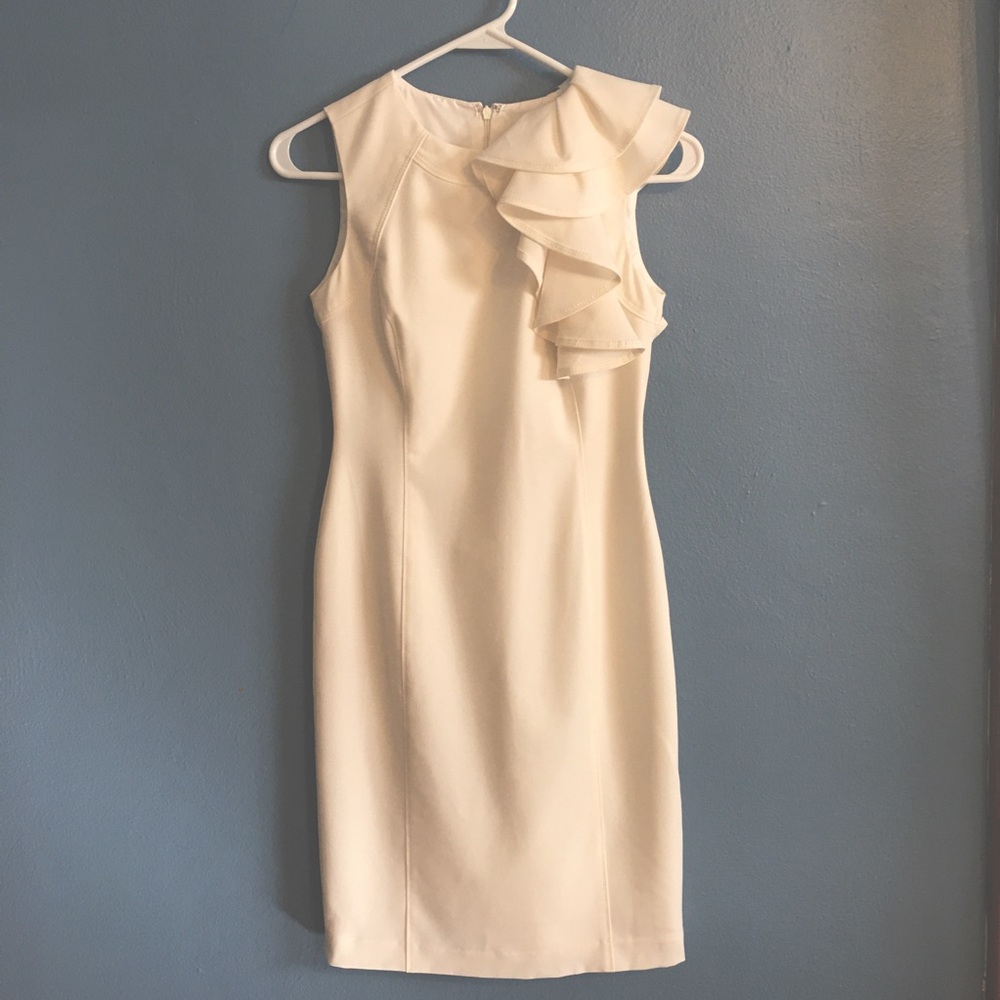 NWT Calvin Klein White Dress - Shoulder Ruffle - Size 0P